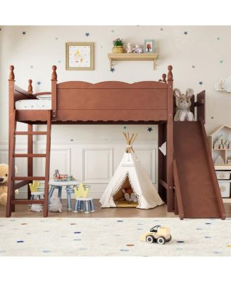Loft Bed with Storage, Wardrobe, and Slide, Solid Wood