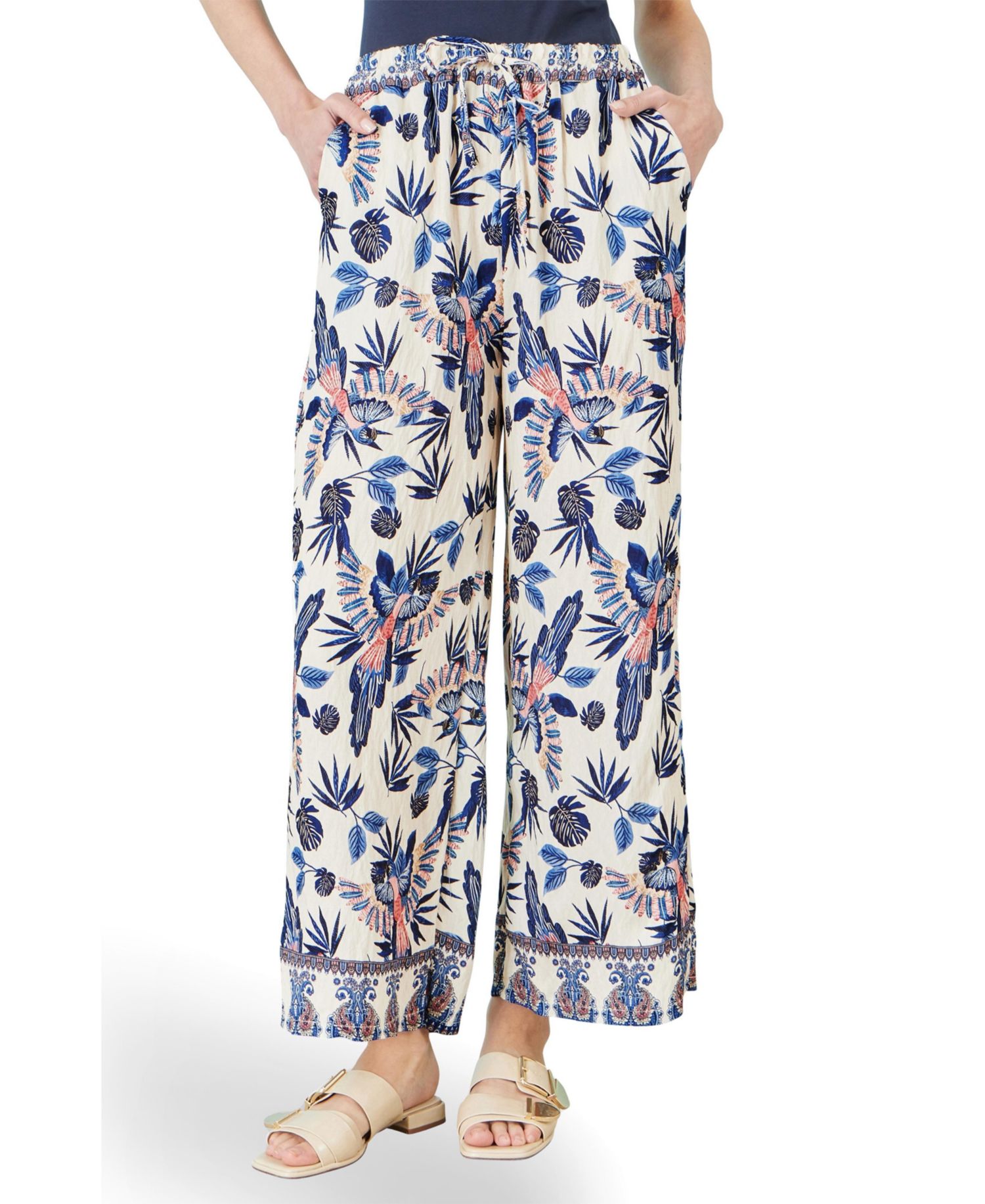 Women's Bird Print Viscose Wide Leg Trousers