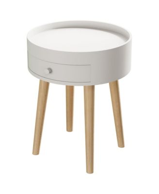 Round Nightstand with Storage Drawer, Compact Oak Legs Bedside Table, Sofa Side Coffee Table for Bedroom, Living Room