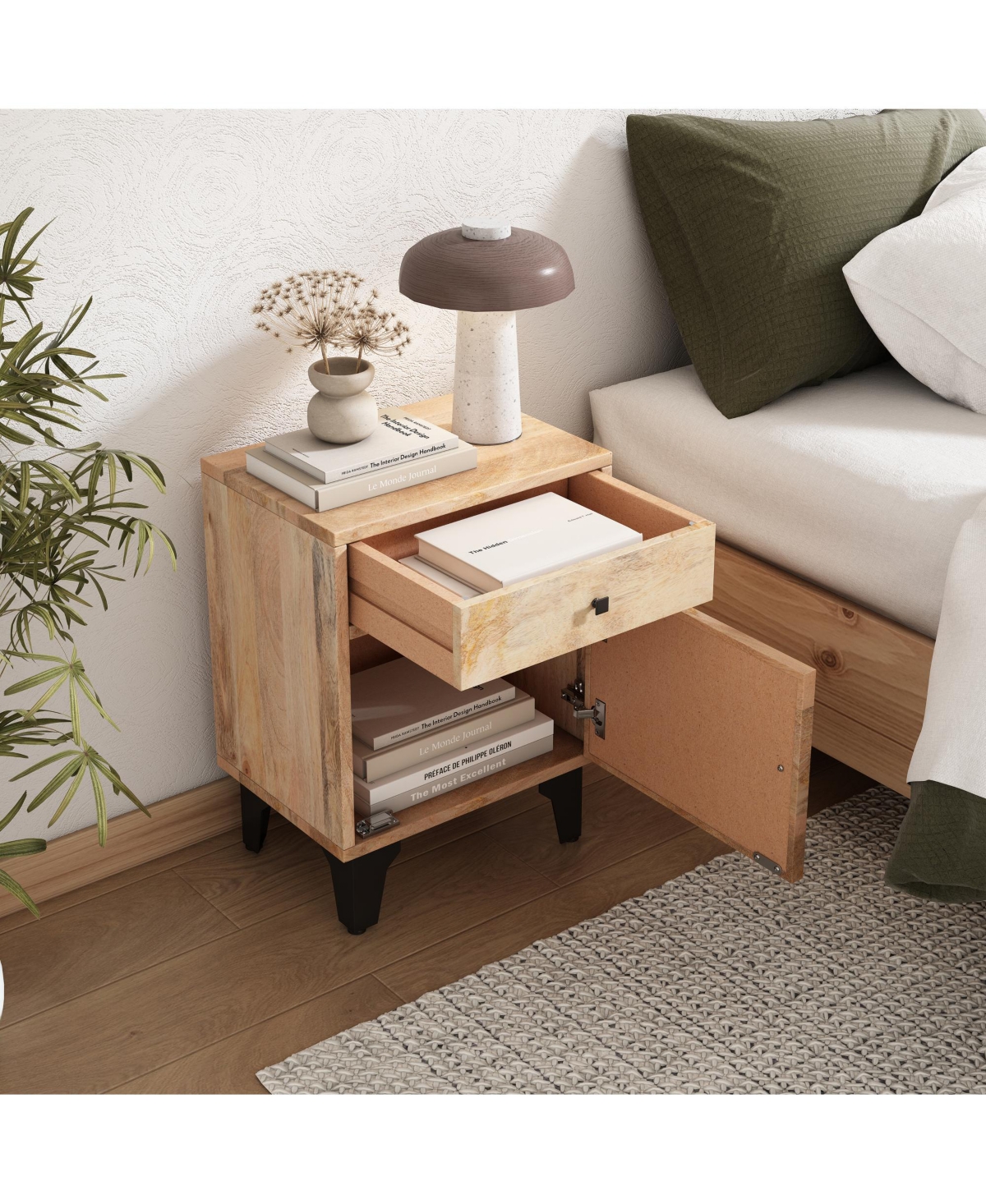 Rainsken Wood Nightstand, Hand-Carved Line Drawing Design, Bedside Table with Drawer and Metal Legs for Bedroom