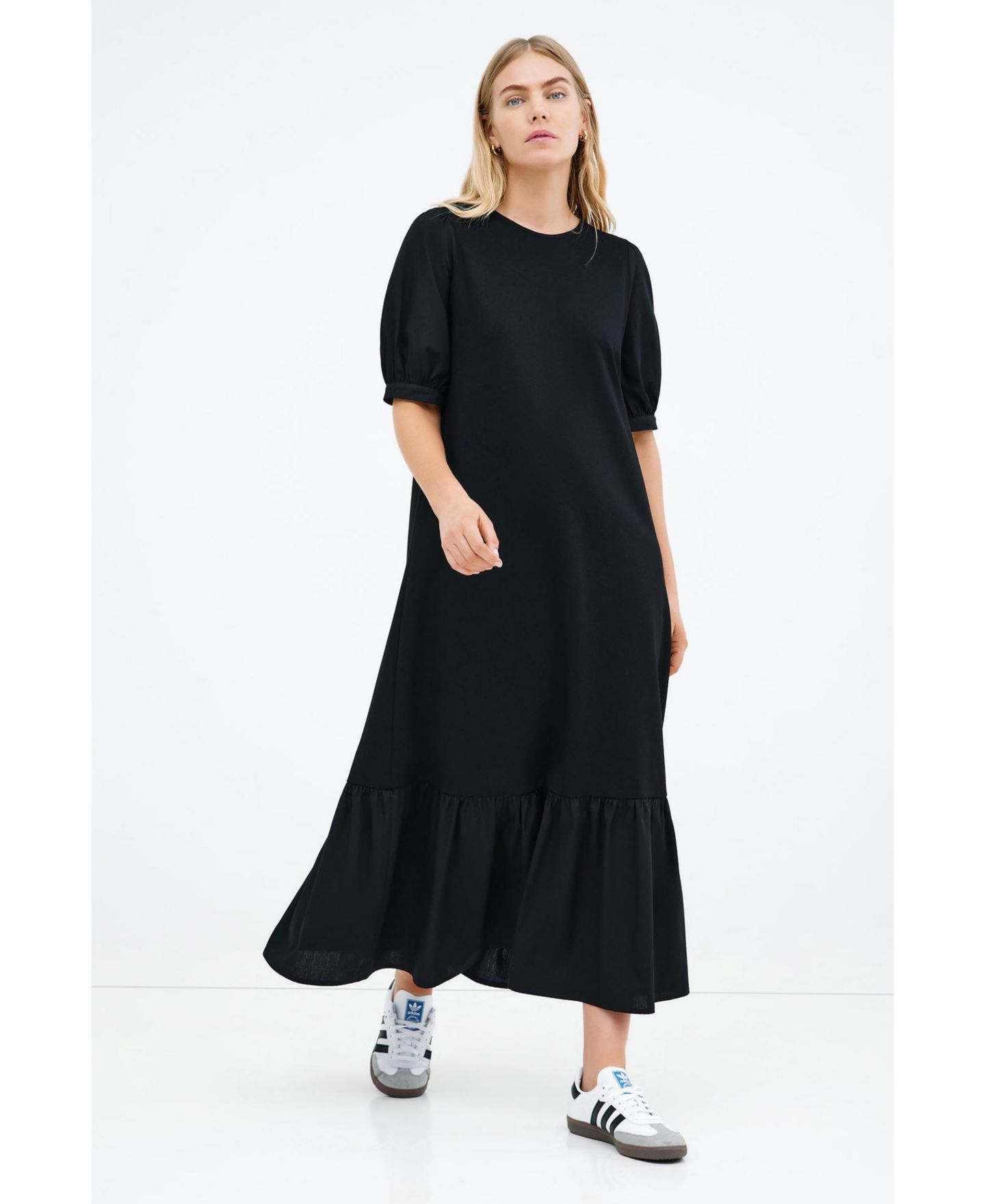 Женское платье Marcella Olivia Puff-Sleeve Crew-Neck Midi Dress with Pockets, цвет: Чёрный — фото 5