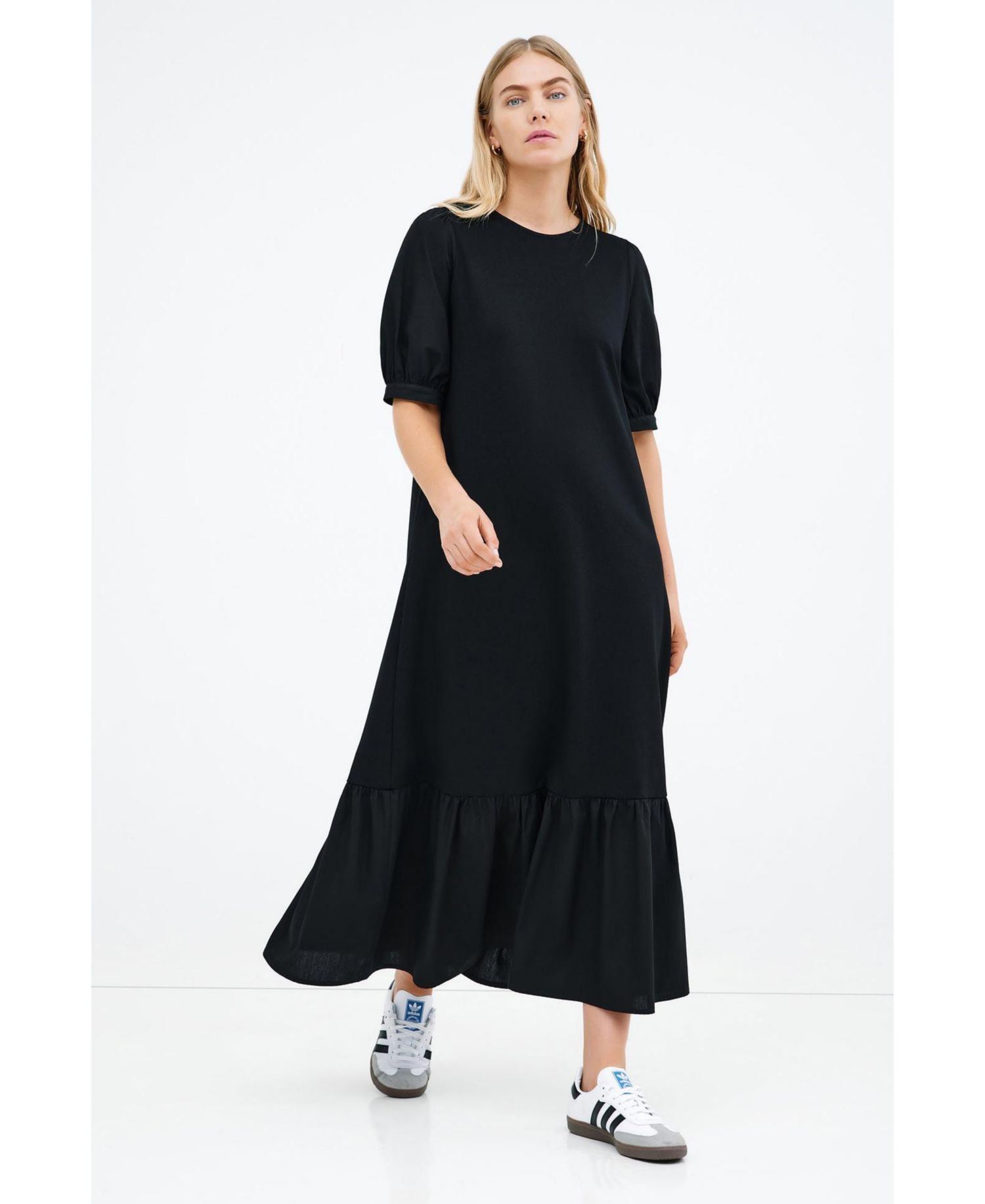 Women's Olivia Puff-Sleeve Crew-Neck Midi Dress with Pockets
