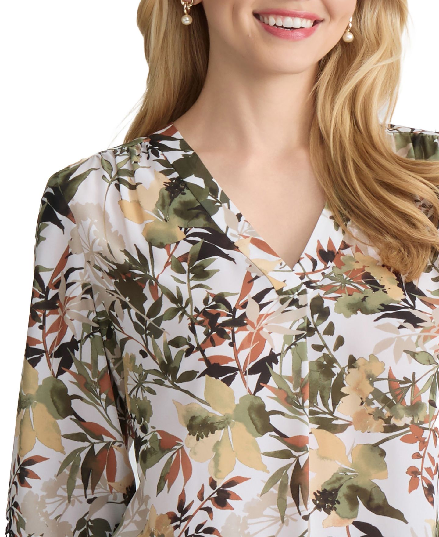 Женский топ Jones New York V-Neck Pleat Front Top, цвет: Белый песочный разноцветный — фото 3