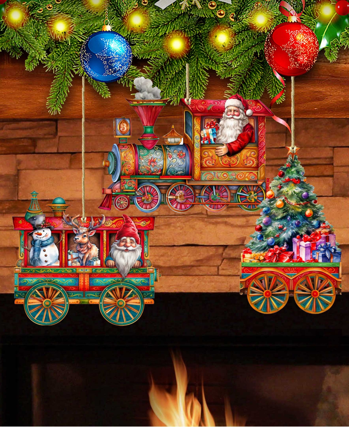 Designocracy Santa's Train Christmas Wooden Ornaments Holiday Decor Set of 3 G. DeBrekht