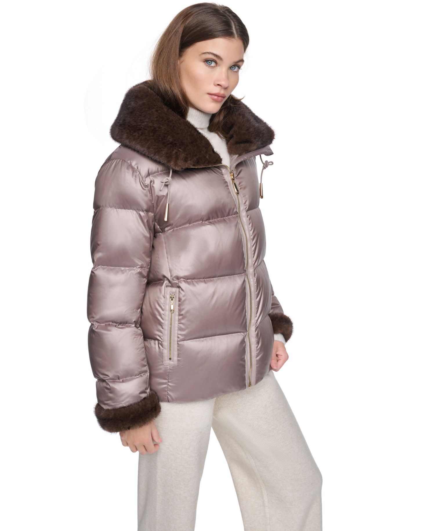 Women's Short Faux Fur Cuffs and Collar Puffer
