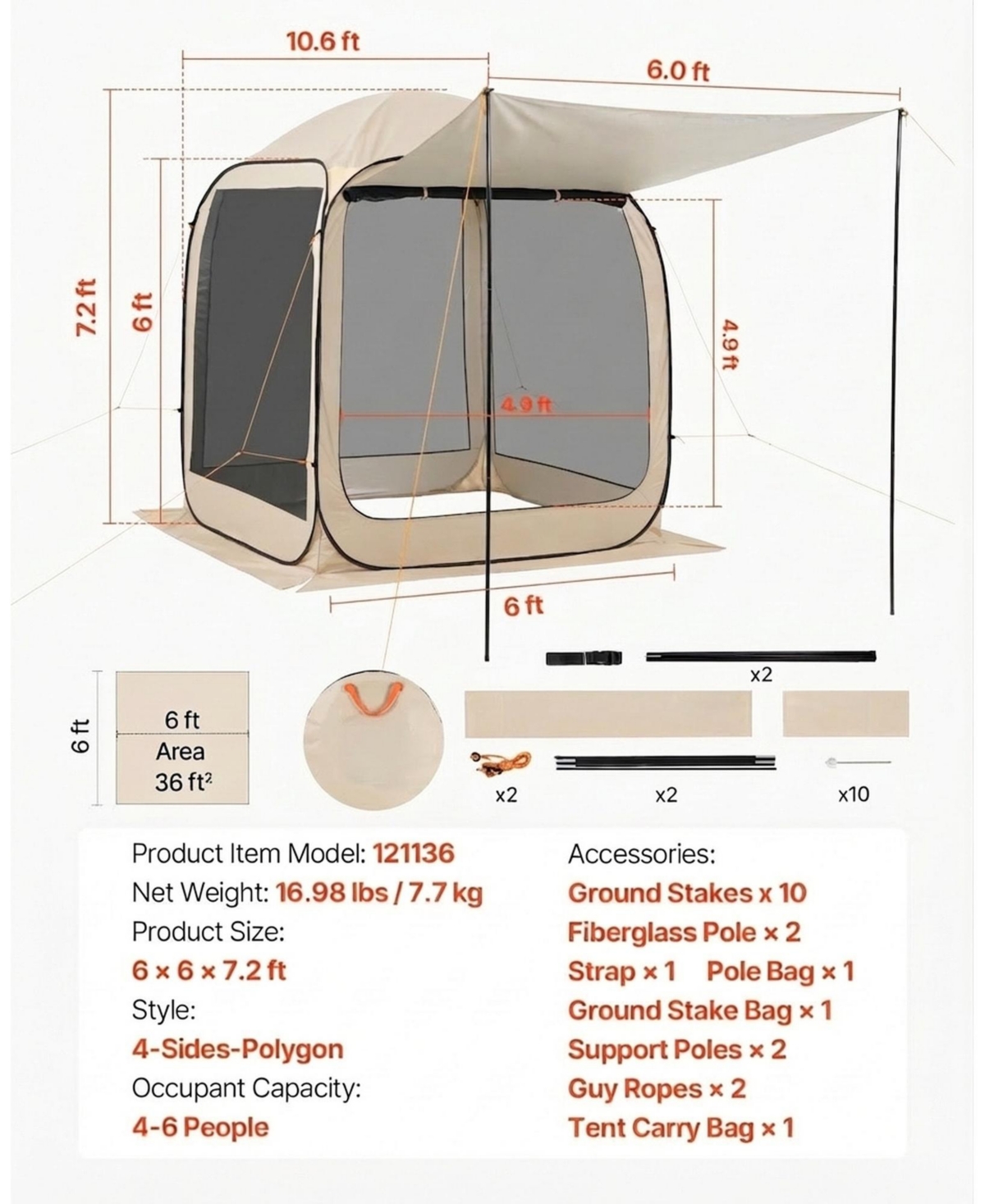 Sugift 6 x 6 ft Pop Up Screen House Tent with Extended Awning Portable Canopy