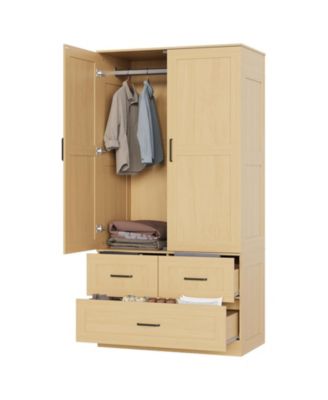 Freestanding Wardrobe Closet with Hanging Rod and 3 Drawers, 70" Tall Wooden Storage Cabinet for Bedroom