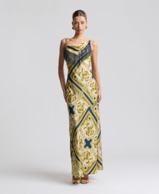 Women's Cowl Neck Scarf Print Maxi Dress