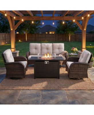 Patio Furniture Set with Fire Pit Table, Wicker Outdoor Sectional Sofa with Swivel Rocker Chairs, All-Weather Rattan Conversation Set