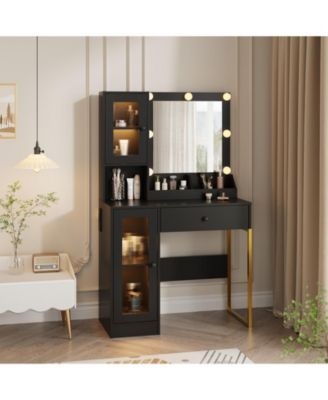 Vanity Desk with Mirror Lights Dressing Table With Adjustable Bulbs Outlets and USB Ports MDF Top and Metal Leg Storage Drawers & Cabinets