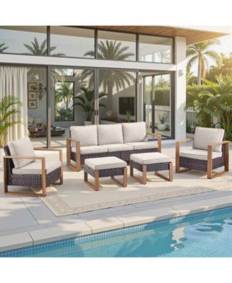 5 Pieces Outdoor Furniture-High Back Outdoor Wicker Couch Patio Chairs Set of 2 with Comfy Cushions Ottomans Patio Furniture Set