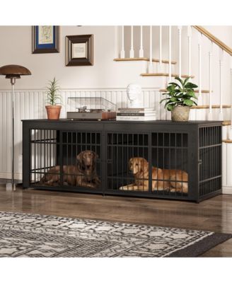 Wooden Dog Crate Furniture 4 Doors with Storage, Heavy Duty Indoor Pet Cage for Large Dogs, Decorative End Table Design