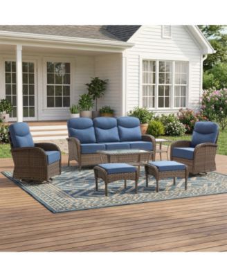 Patio Furniture Set Wicker Conversation Set Rocking Bistro Set with Sofa, Coffee Table, Tempered Glass Side Table and Ottoman