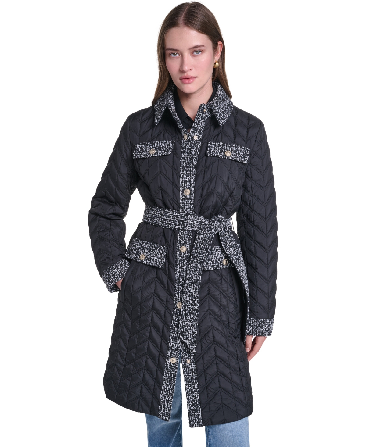 Karl Lagerfeld Paris Womens Long Quilted Tweed-Trim Coat