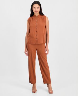 Women's Button-Front Sleeveless Top & Tie-Waist Straight-Leg Ankle Pants