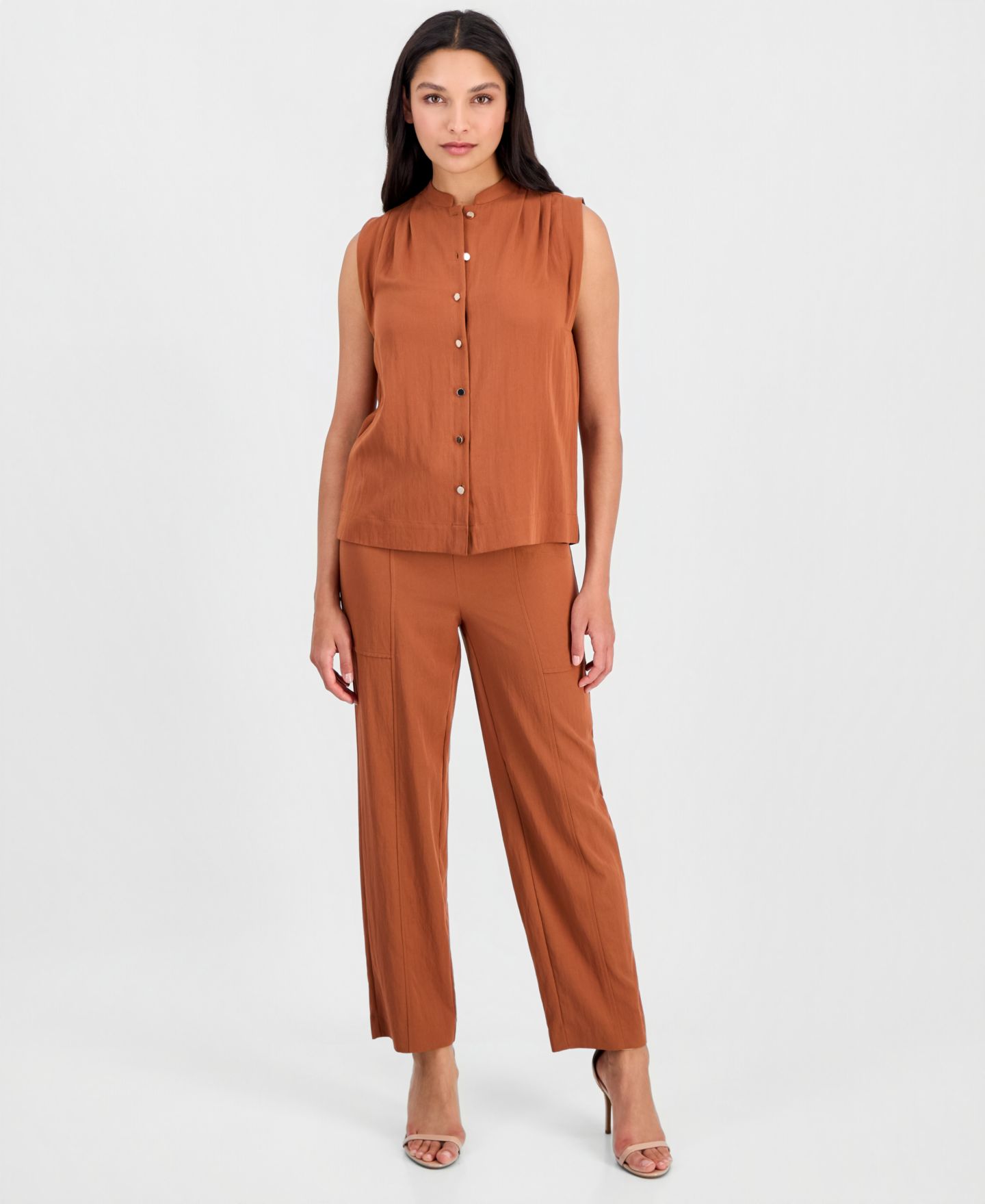 Женские комплекты Anne Klein Button-Front Sleeveless Top & Tie-Waist Straight-Leg Ankle Pants, цвет: Bay Leaf — фото 1