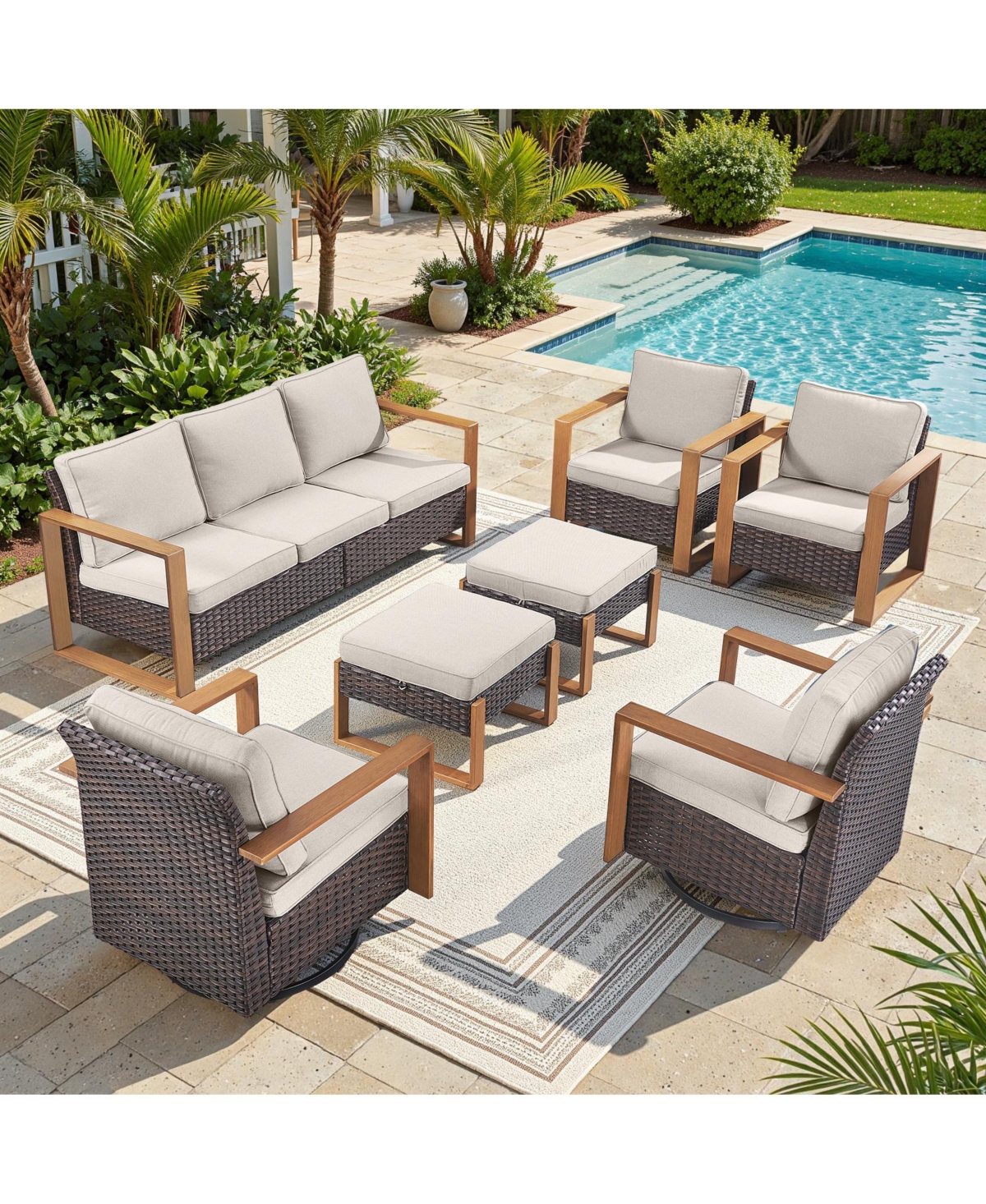 Pocassy Outdoor Patio Furniture Set-7 Pieces All-Weather Wicker with Swivel Chairs Conversation Sets for Porch Deck