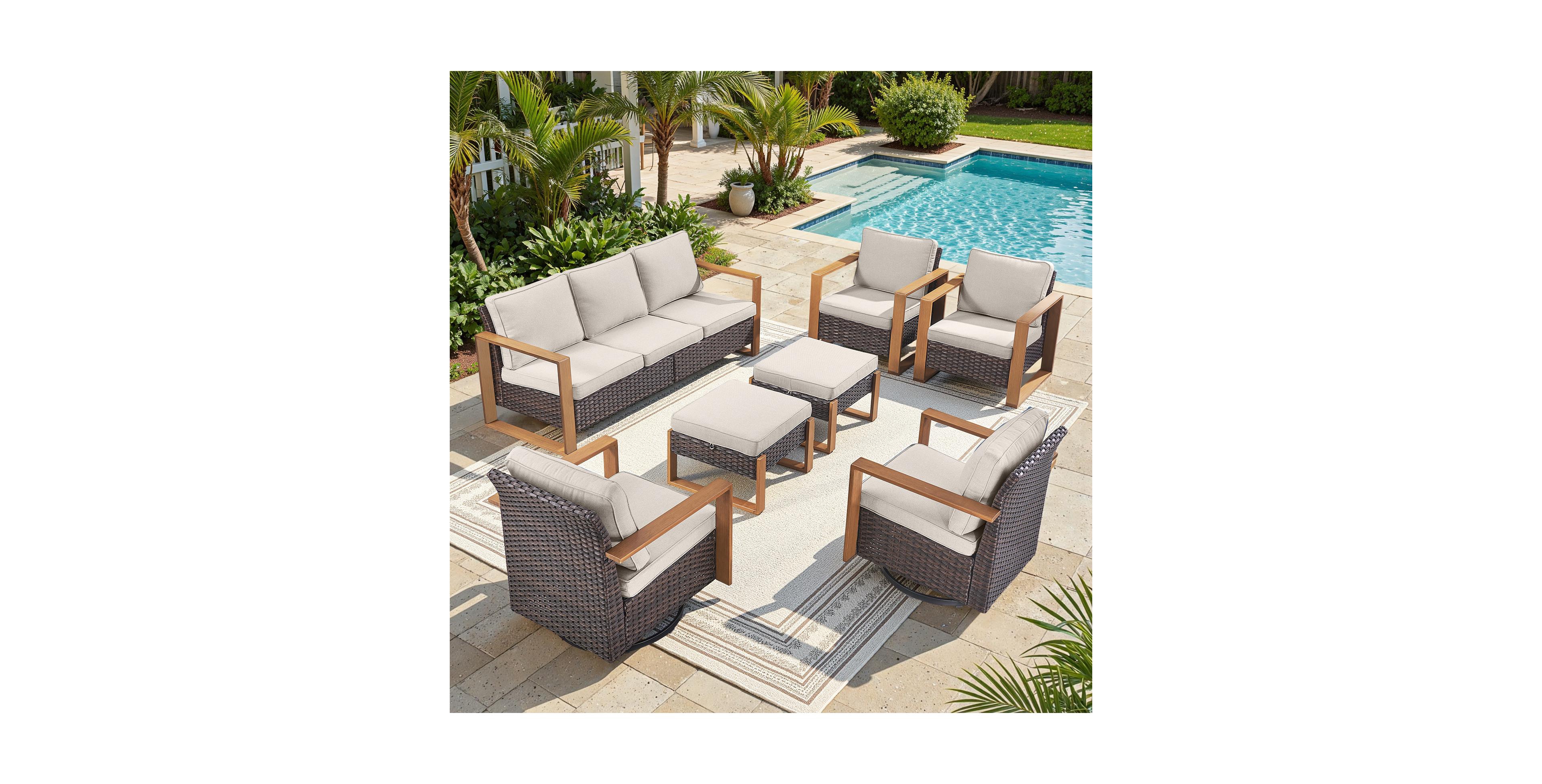 Pocassy Outdoor Patio Furniture Set-7 Pieces All-Weather Wicker with Swivel Chairs Conversation Sets for Porch Deck