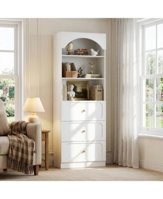 Wooden Pantry Storage Cabinets with 3-Tier Open Shelves, 80" Tall Bookshelf with 3 Drawers