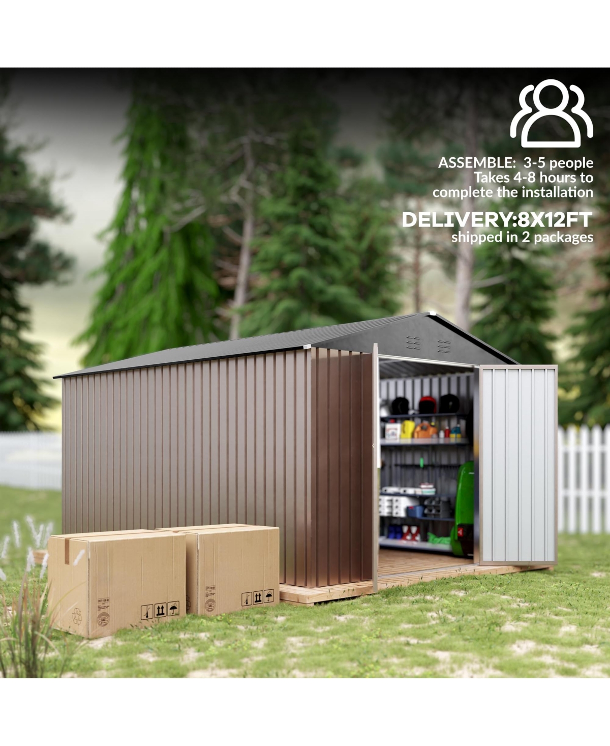 Homfan 8 x 12 Ft Galvanized Steel Outdoor Storage Shed Tool Room, Heavy Duty Garden Tool House with Vents and T-Handle Lock