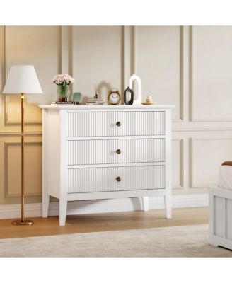 Modern Fluted 3-Drawer Dresser with Gold Handles, Metal Legs and Anti-Tip Kit for Bedroom or Living Room