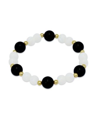 14k Gold-Plated Over Brass Onyx Beads Imitation Pearl Beads Stretch Bracelet