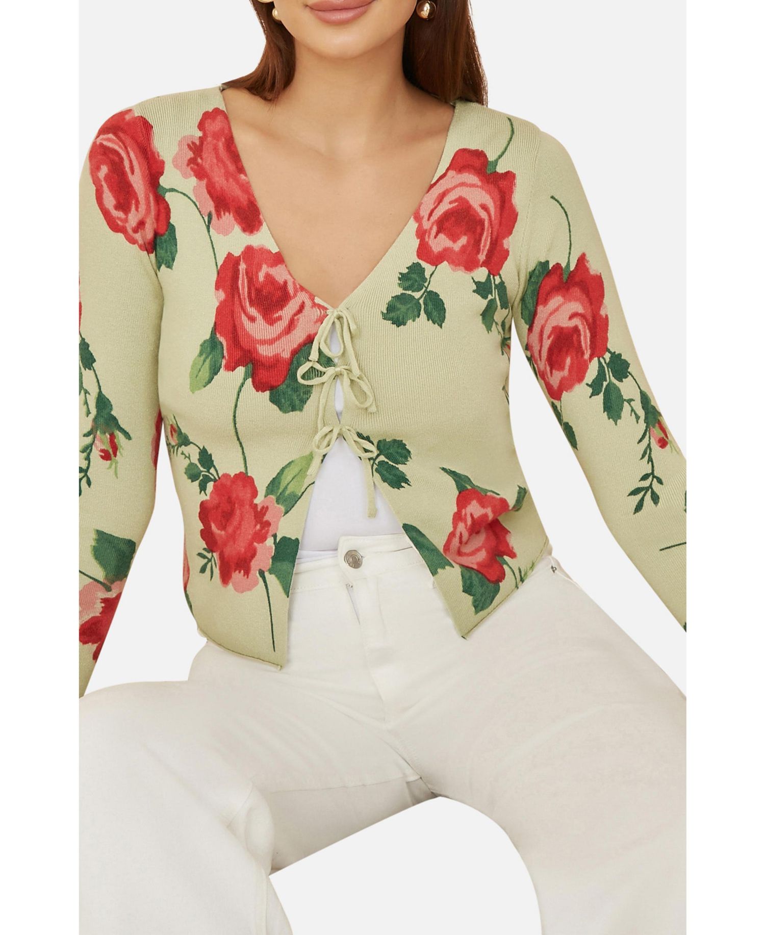 Women's Long Sleeve V-Neck Tie Front Cardigan