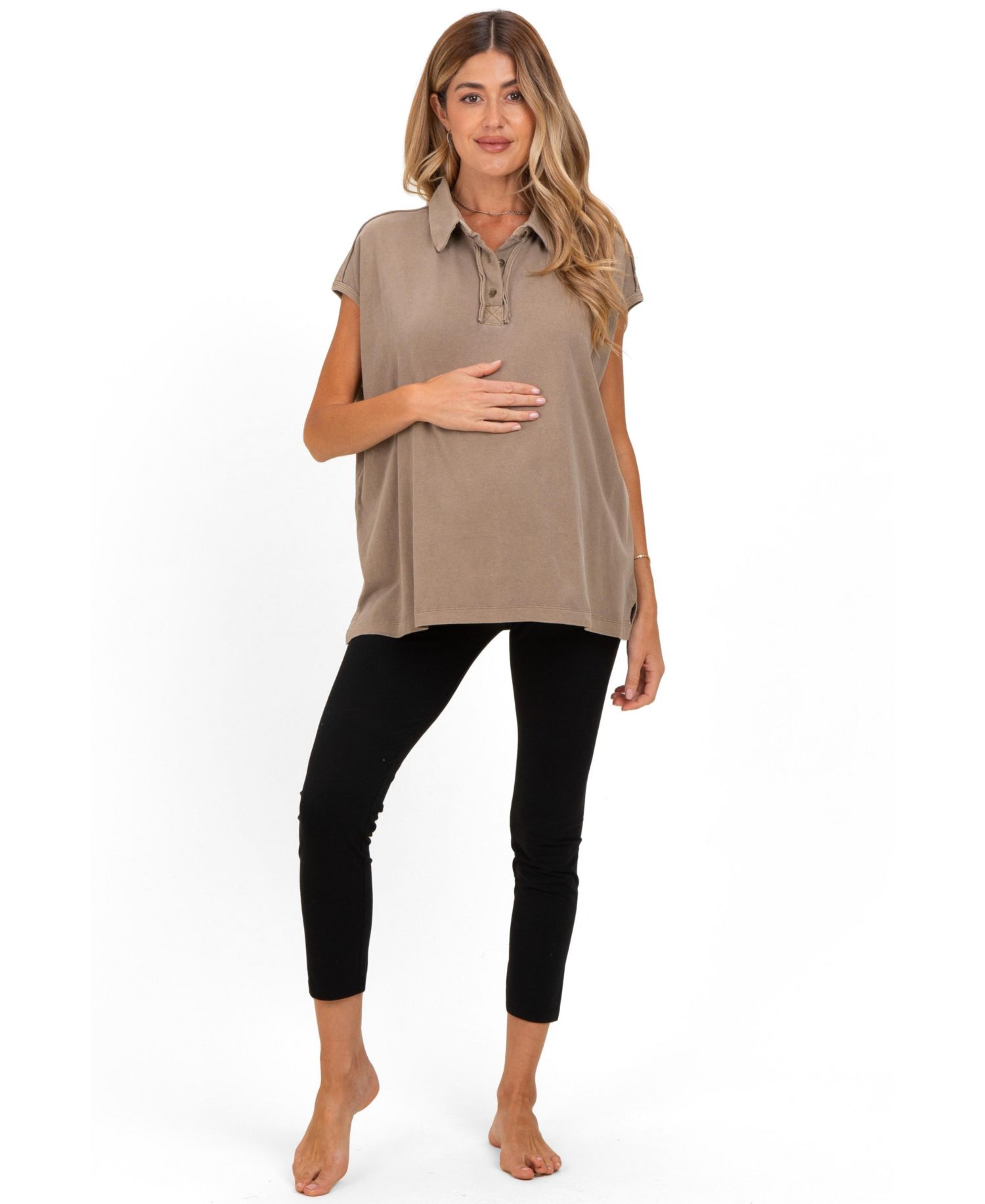 Women's Mocha Pigment Dye Sleeveless Polo Oversized Top