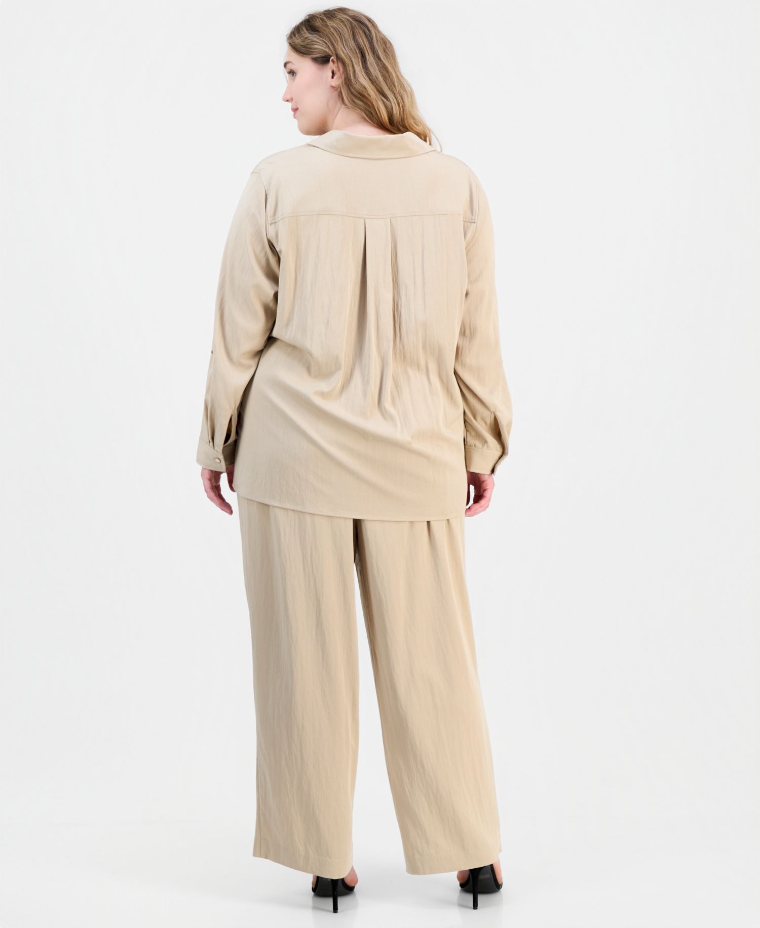 Plus Size Collared Half-Zip Long-Sleeve Top & Pull-On Straight-Leg Pants