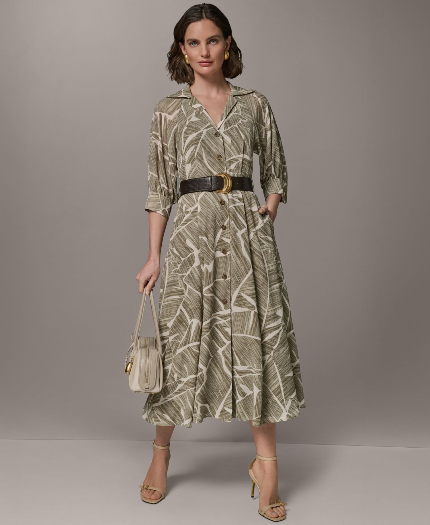 Women's Printed Collared Shirt Dress with Faux Leather Belt