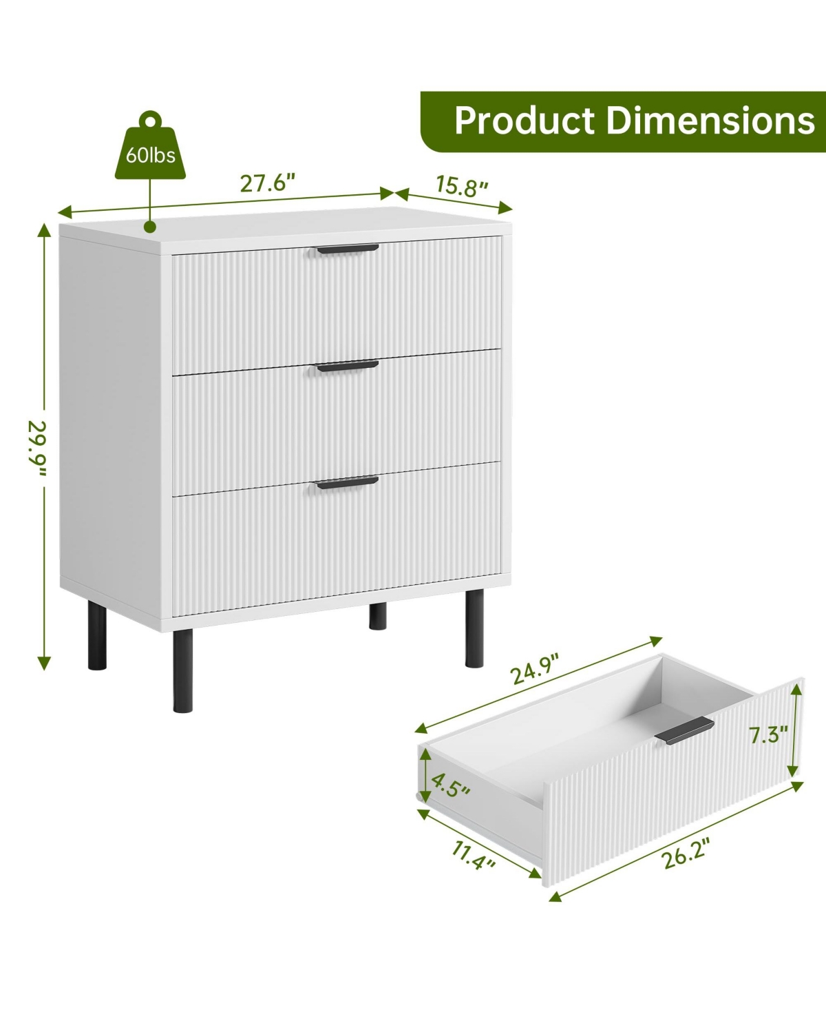 homfan 27inch Fluted Dresser - Set of 2 Wooden Chest with 3 Drawers, Metal Legs, Bedside Table with Storage, Anti-Tipping Device