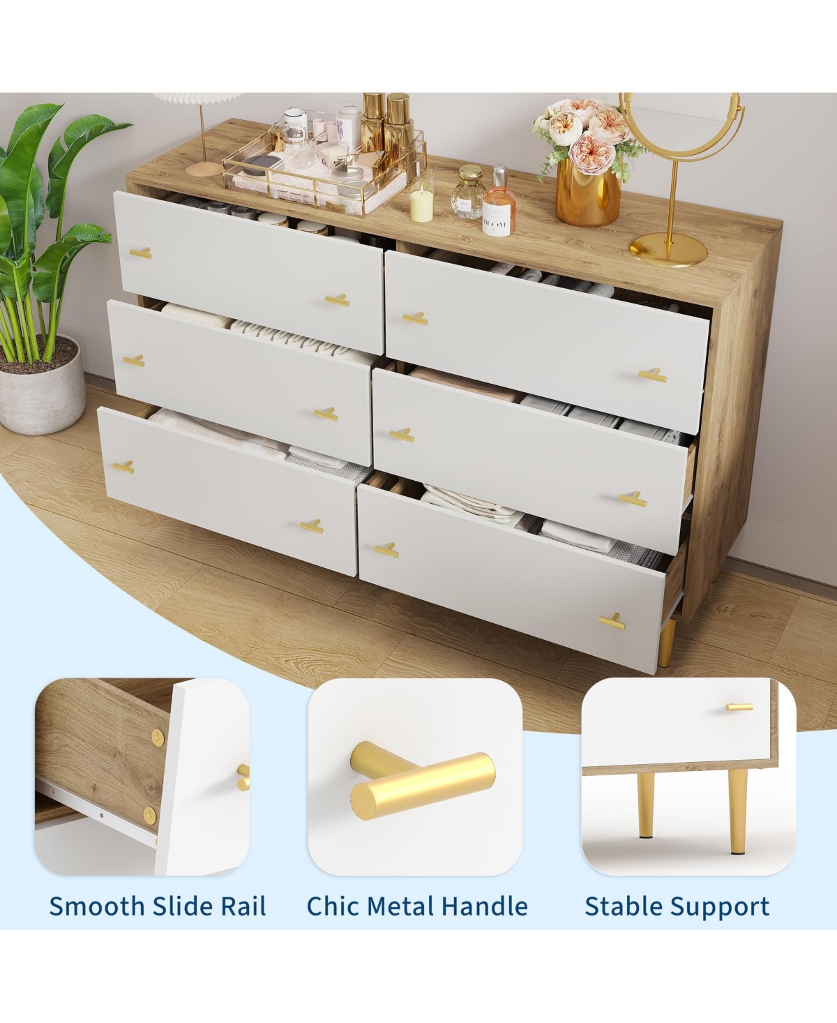 homfan 6-Drawer Farmhouse Dresser, Wide Wood Rustic Chest of Drawers with Bar Handles for Bedroom Living Room Hallway