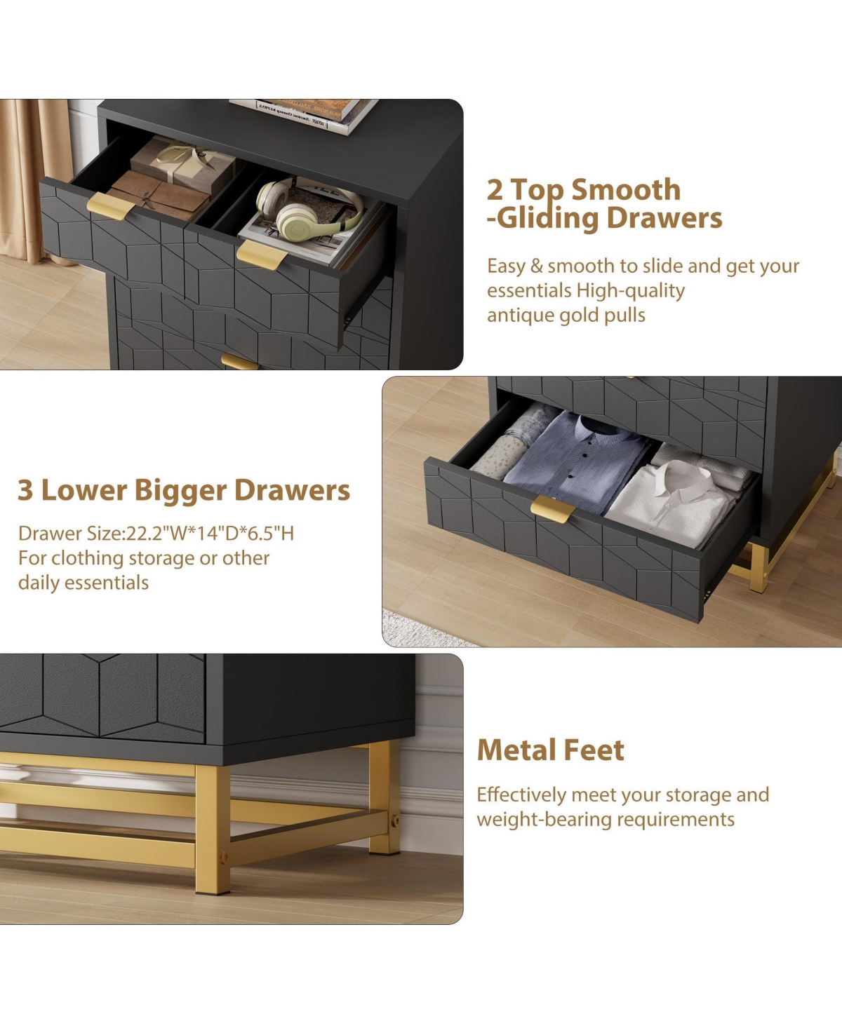 homfan 5-Drawer Dresser with Metal Legs, Modern Chest of Drawers for Bedroom, Living Room, Entryway