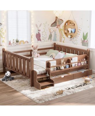  Solid Wood Queen Floor Bed with Storage Bookcases, Drawers, and Stairs