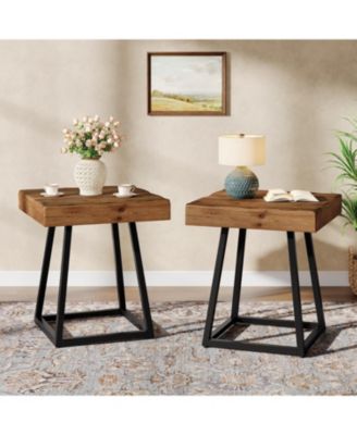 Square Wood End Table Set of 2, Solid Wood