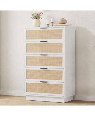 5-Drawer Tall Rattan Dresser with Integrated Legs, 47" Boho Chest for Bedroom Hallway Entryway Closet
