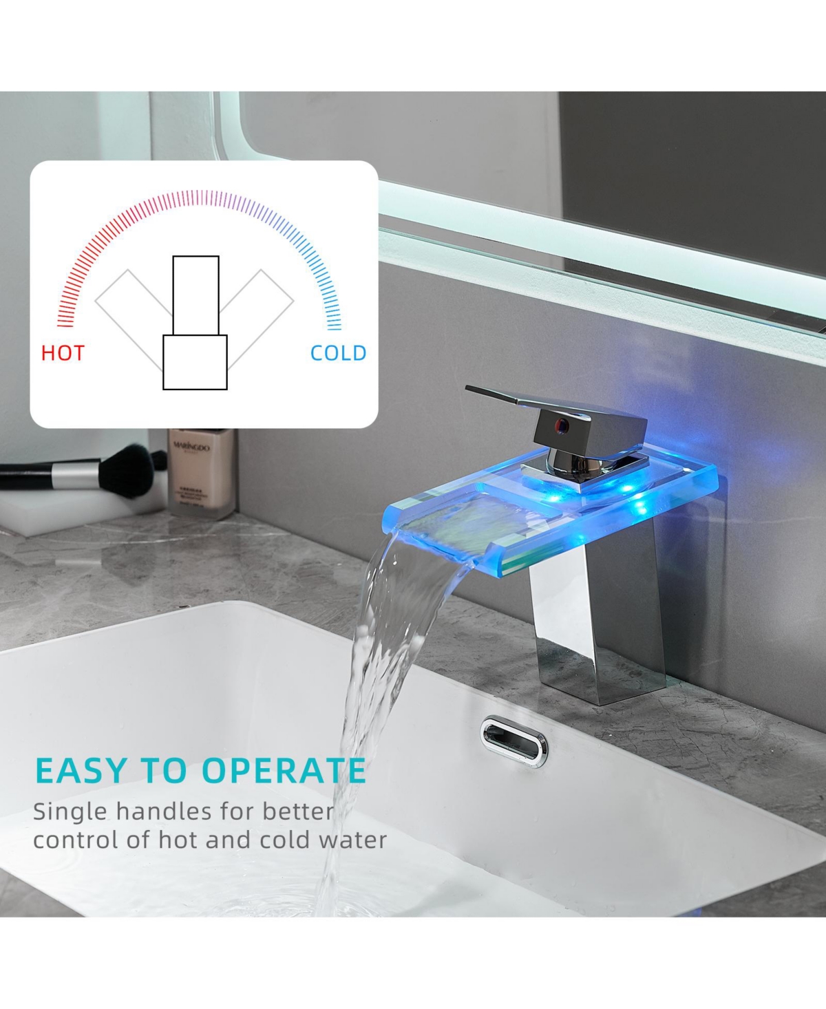 Phying Bathroom Sink Faucet Led Light 3 Colors Changing Waterfall Glass Spout Hot Cold Water Mixer Single Handle One Hole Deck Mounted Bathroom Faucet