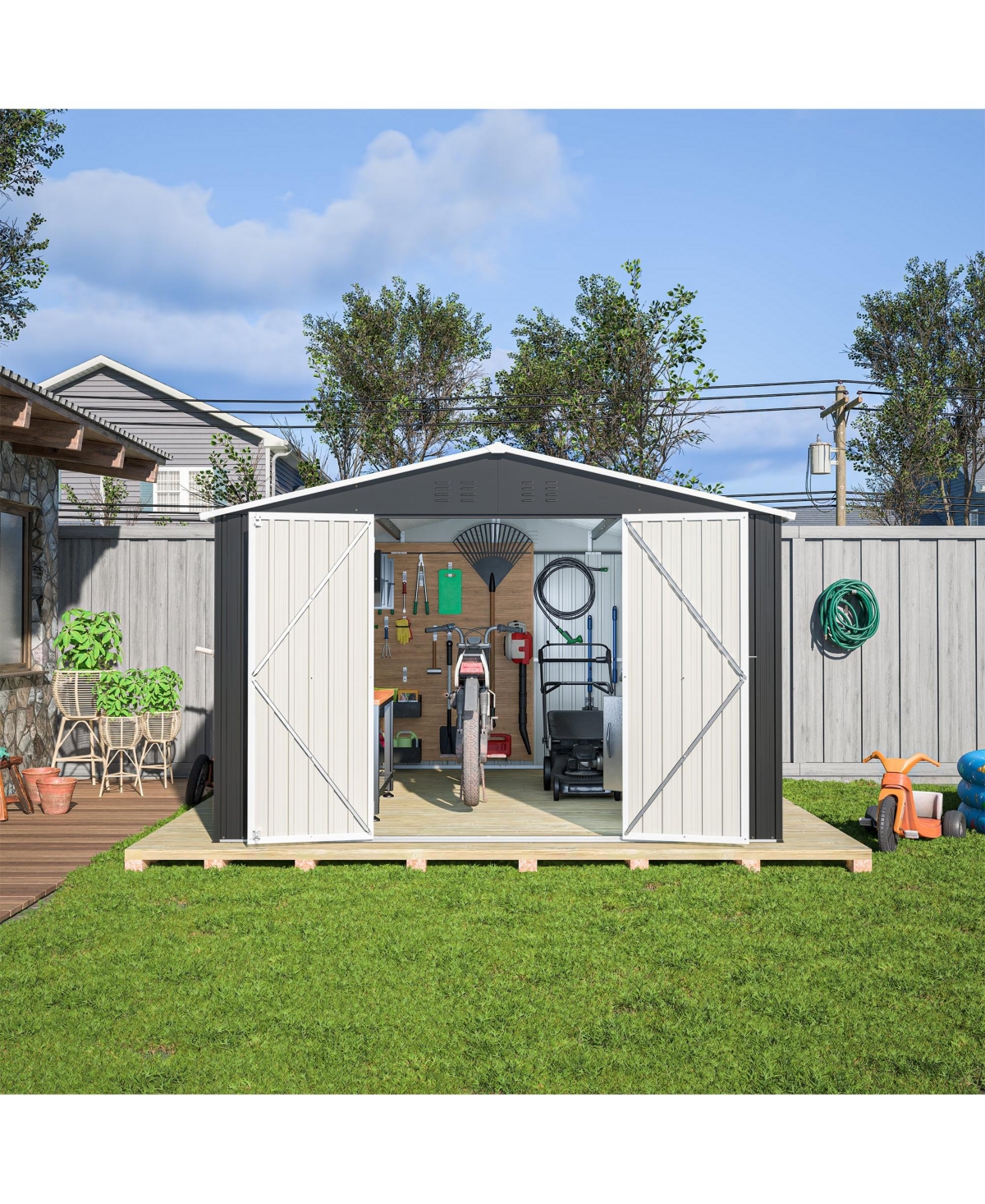 Mondawe 10Feet x12 Feet Outdoor Storage Shed, Utility Metal Tool Storage with Lockable Doors