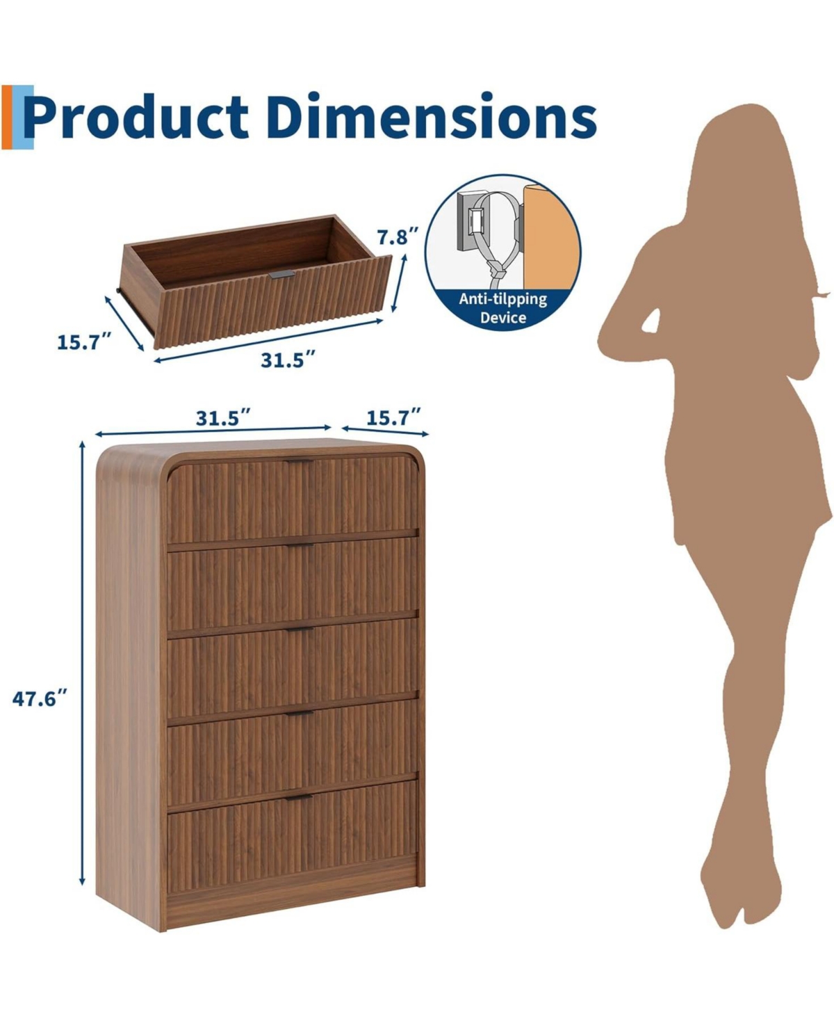 gaomon Modern Fluted Dresser with 5 Drawers