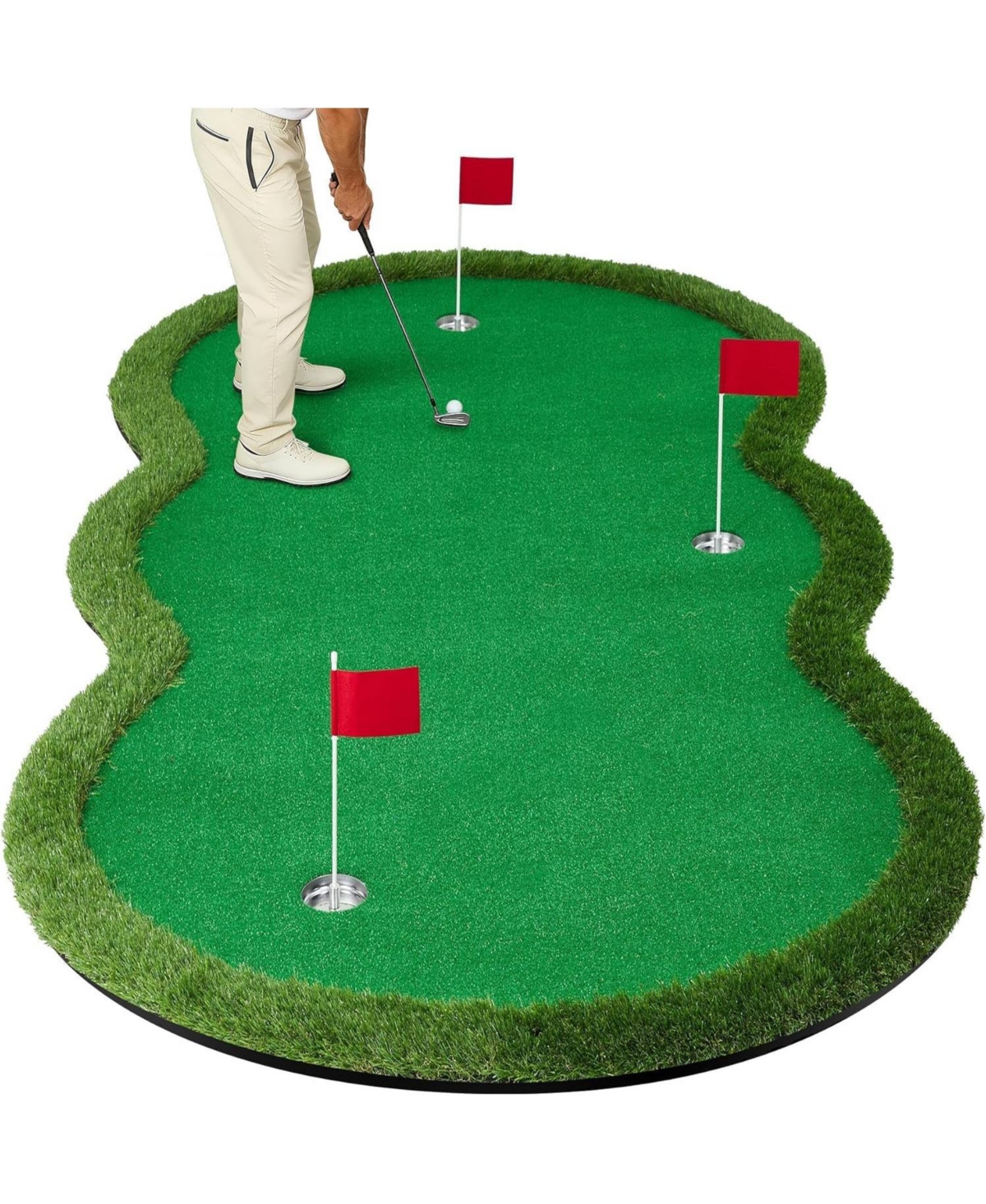 Xo Golf Putting, Thick Turf Practice Mat with 3 Holes and Flags for Indoor Outdoor Home Office Training