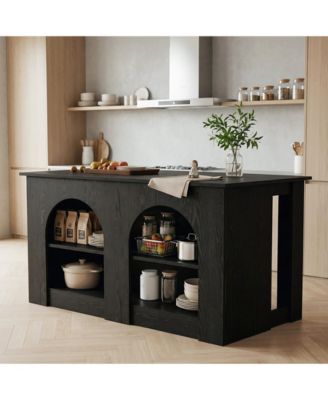 55.12" Kitchen Island with 2-Tier Storage Shelves, Multifunctional Kitchen Island Table with Open Storage and Breakfast Bar
