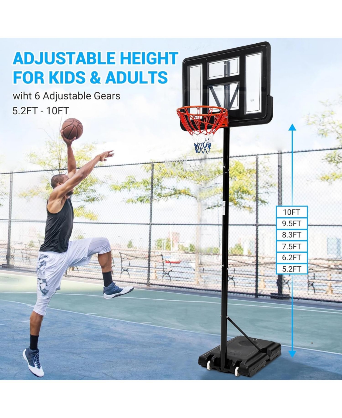 Xo Portable Basketball Hoop for Kids and Adults, Adjustable Outdoor Basketball Goal System for Backyard Driveway Indoor Play, Durable Steel Frame