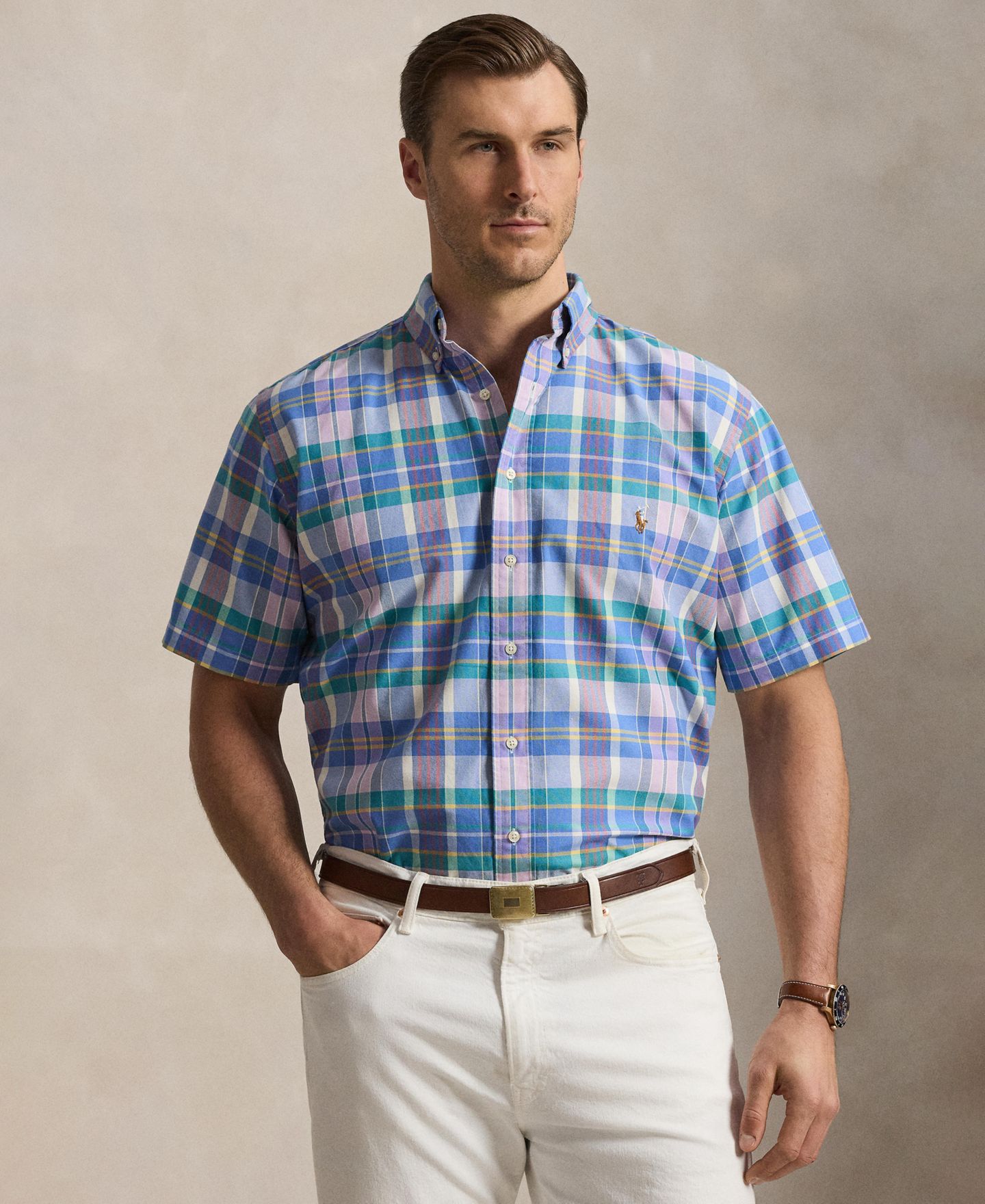 Мужская рубашка Polo Ralph Lauren Big & Tall Plaid Oxford, цвет: Синий разноцветный — фото 1