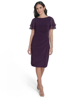 Petite Flutter-Sleeve Tuck Faux Wrap Sheath Dress