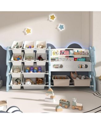 Kids Bookshelf, Toy Storage Organizer with 12 Toy Bins and 2 Tier Display Rack for Playroom, Bedroom, Kids Room and Classroom