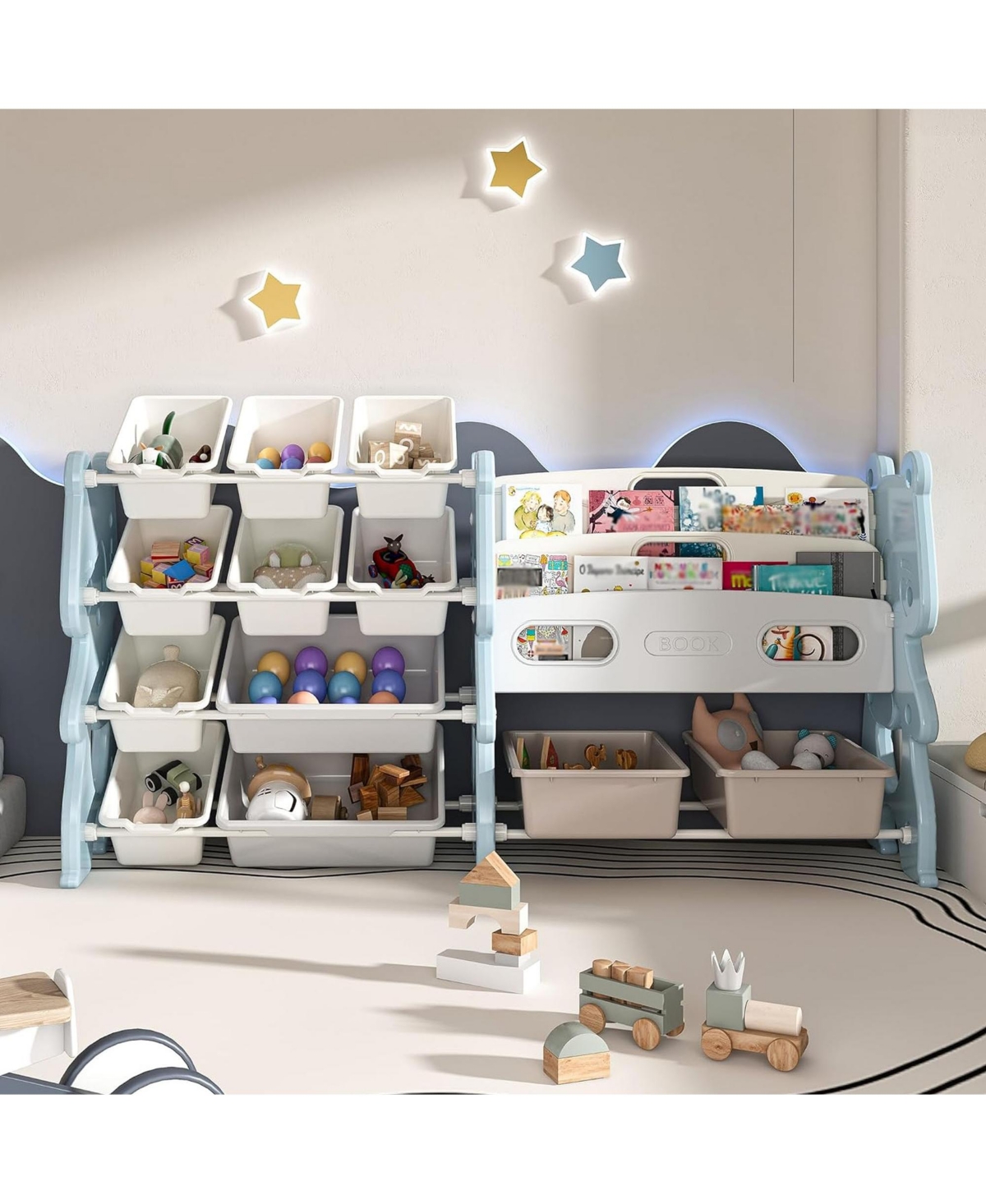 Rainsken Kids Bookshelf, Toy Storage Organizer with 12 Toy Bins and 2 Tier Display Rack for Playroom, Bedroom