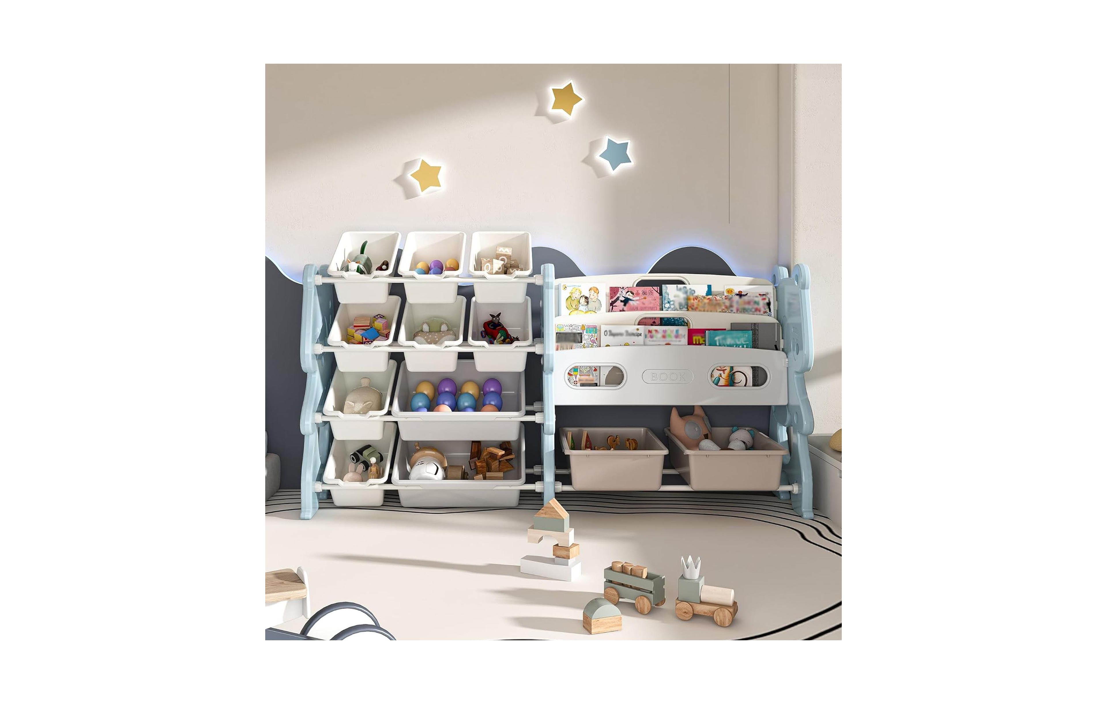 Rainsken Kids Bookshelf, Toy Storage Organizer with 12 Toy Bins and 2 Tier Display Rack for Playroom, Bedroom