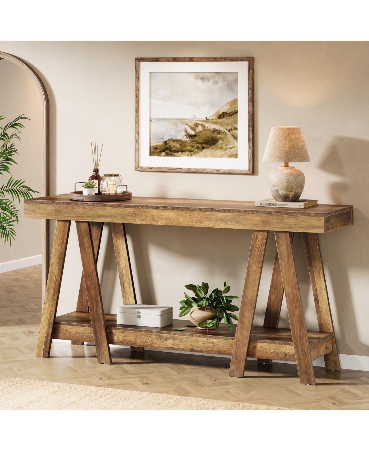 Slickblue Farmhouse Entryway Console Table, 2-Tier Behind Sofa Table with Storage Shelves