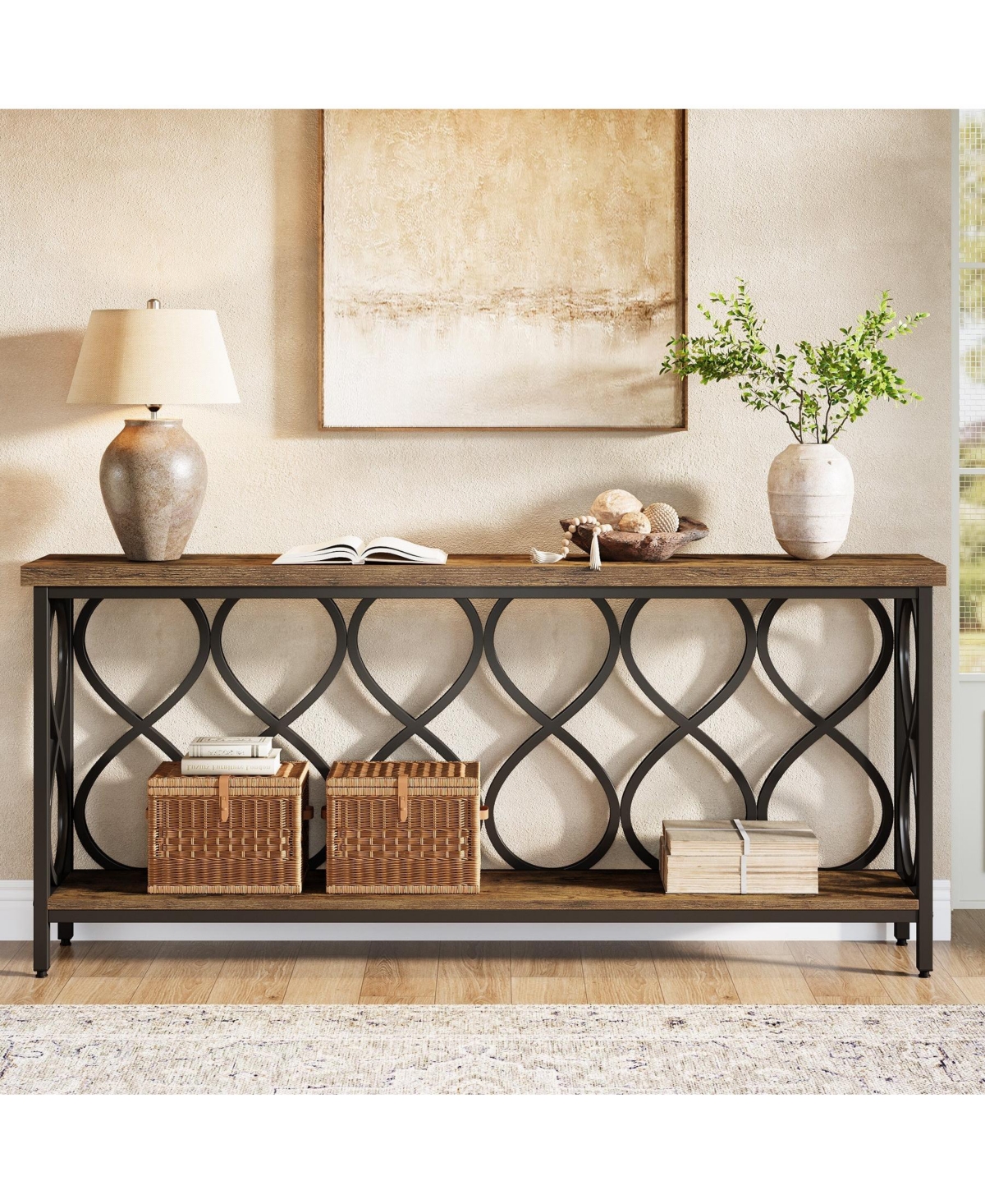 Slickblue Modern Industrial Console Table with 2-Tier Shelves for Living Room and Entryway
