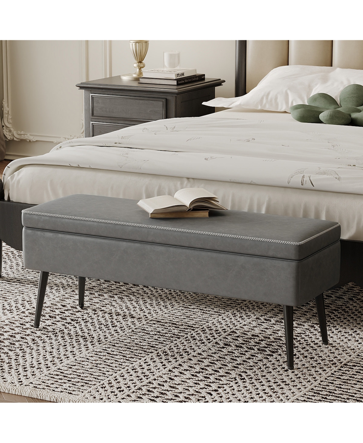 homfan Storage Ottoman Bench, Faux Leather Upholstered Shoe Bench with Dual Safety Hinges for Entryway or End of Bed